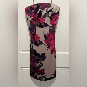 Strapless, silk floral print dress with supportive cups, bones and elastic strap